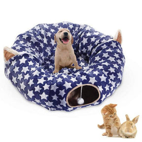 Cat Tunnel Soft Bed with Central Mat Foldable Toy-Blue Star