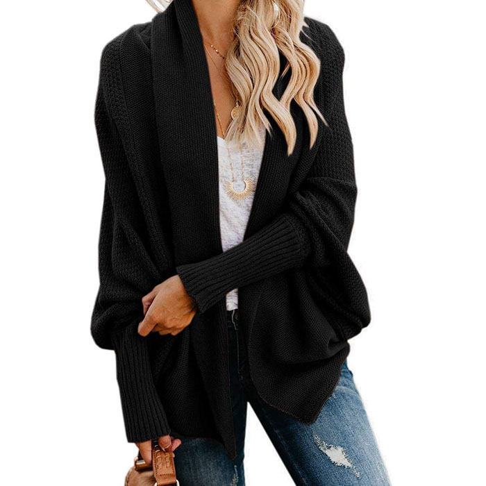 Women's Batwing Knitted Oversized Slouchy Solid Cardigan Sweater Knit Outwear-Black