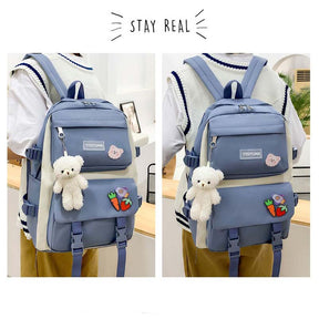 5Pcs Kawaii Backpack Set with Pendants Pins for School Teens-Blue