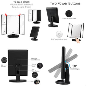 Tri-Fold Lighted Vanity Mirror with 22 LED Lights 3X/2X/1X Magnification Make Up Mirror-Champange