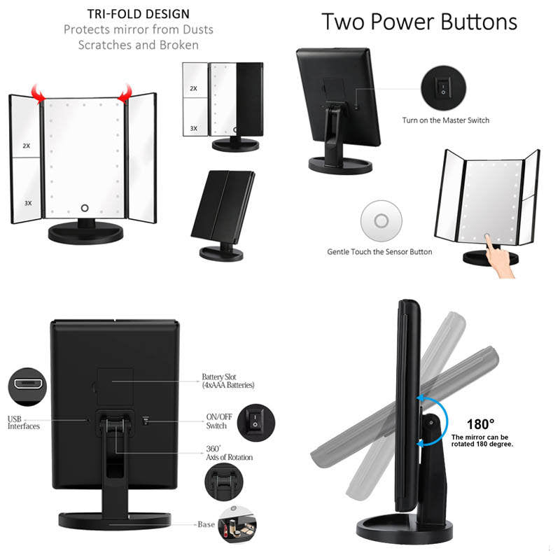 Home & LivingTri-Fold Lighted Vanity Mirror with 22 LED Lights 3X/2X/10X Magnification Make Up Mirror-Champange