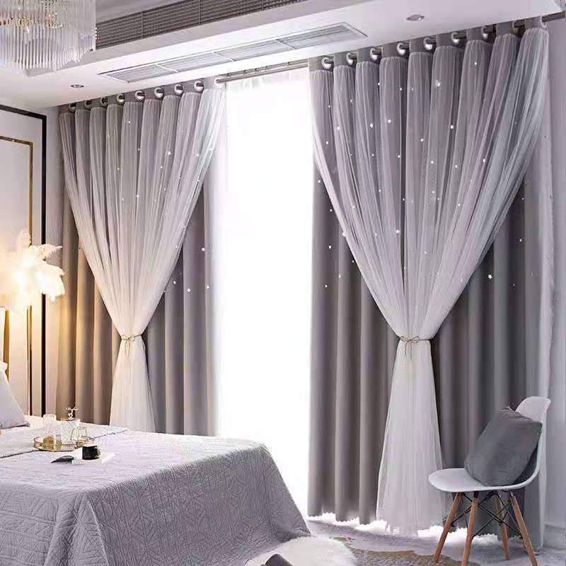 2 Panels Double Layer Stars Blackout Curtains for Bedroom Window-Lightgray