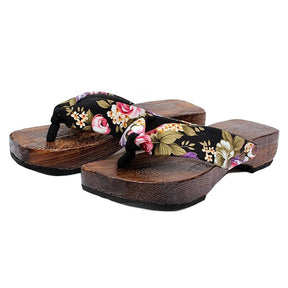 Womans Japanese Traditional Slip On Clogs Flip Flop Sandals-Black