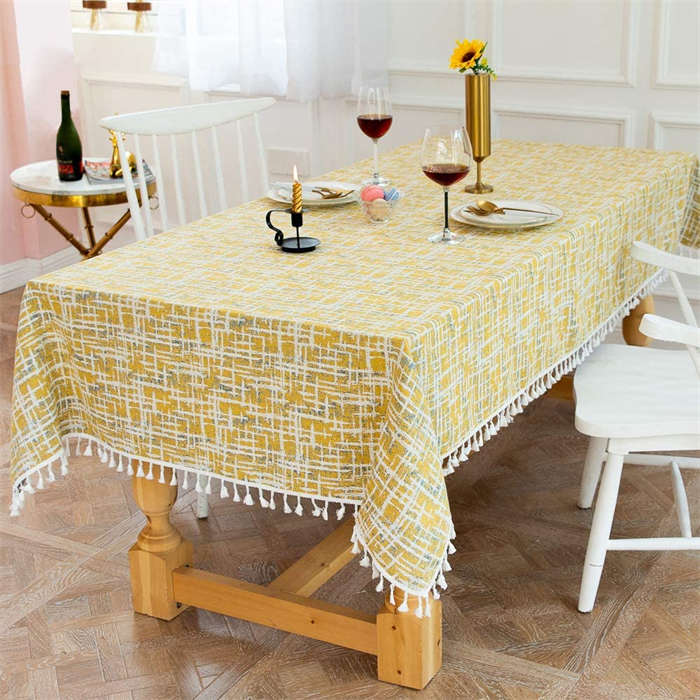 Tassel Cotton Linen Tablecloths Dustproof Table Cover for Kitchen Dinning Room Party-Yellow