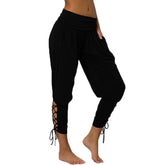 Womens Solid Color High Waist Lace Up Pants Fitness Loose Pants with Pockets-Black