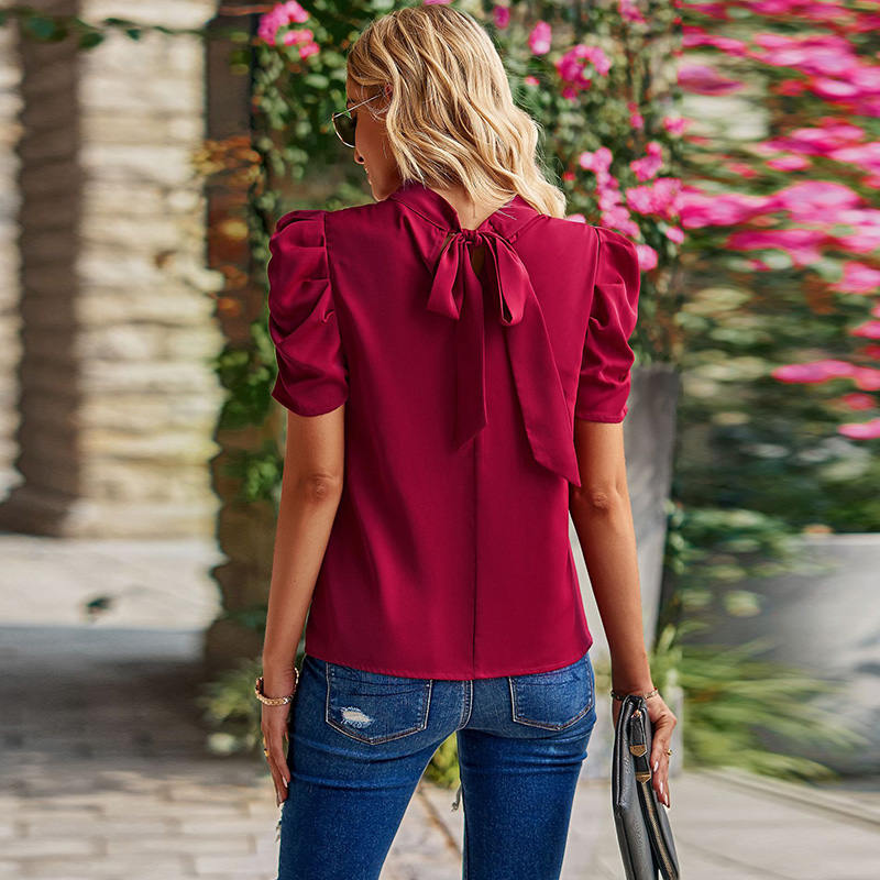 Womens Mock Neck Puff Tops Casual Loose Solid T Shirt Cuffs Pullovers-Wine Red