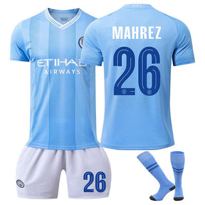 Manchester City Home MAHREZ #26 Soccer Jersey Kids Adult 3Pcs Kits