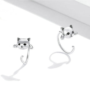 Cute Cat Half Huggie Hoop Earrings for Women Jewelry Gifts-Silver