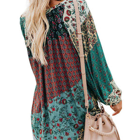 Womens V-neck Casual Boho Floral Print Long Sleeve Shirts-Green