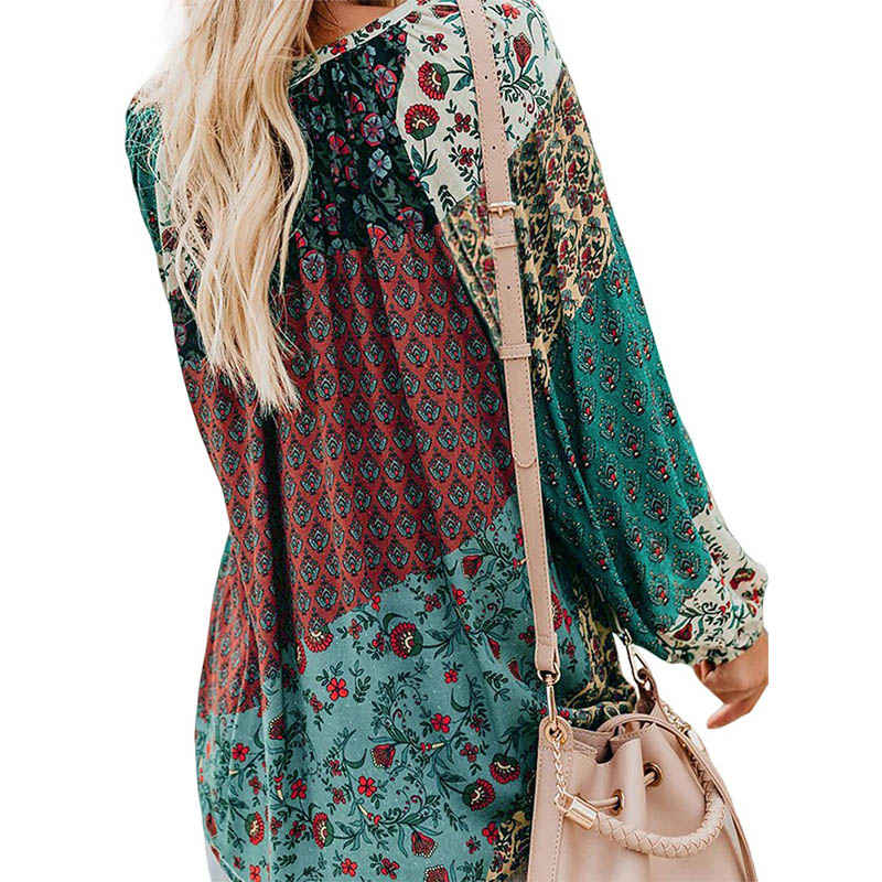 Womens V-neck Casual Boho Floral Print Long Sleeve Shirts-Green