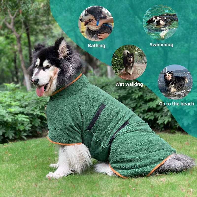 Dog Bathrobe Microfibre Fast Drying Towel Adjustable Collar Waist-Green