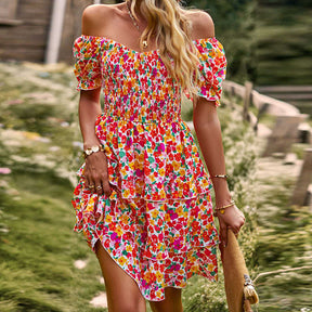 Womens Summer Dress High Waist Floral Smocked Tiered Dresses-Pink