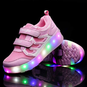 Kids Two Wheels Sneakers with Lights Rechargeable Roller Skates Shoes for Boys Girls-Pink