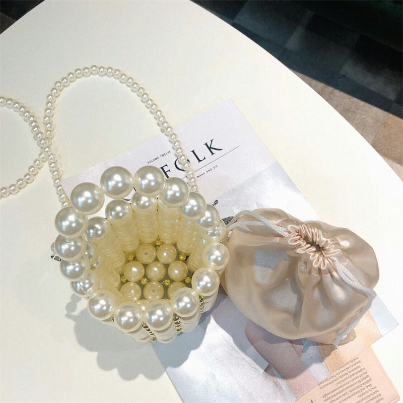 Beaded Handbag for Women White Pearl Decoration Evening Bags with Detachable Chain Inner Bag