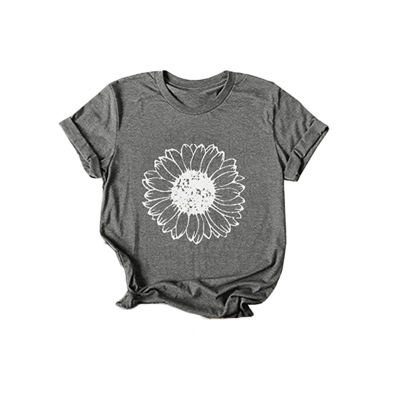 Womens Sunflower Summer Short Sleeve T-shirt Loose Casual Top-Gray