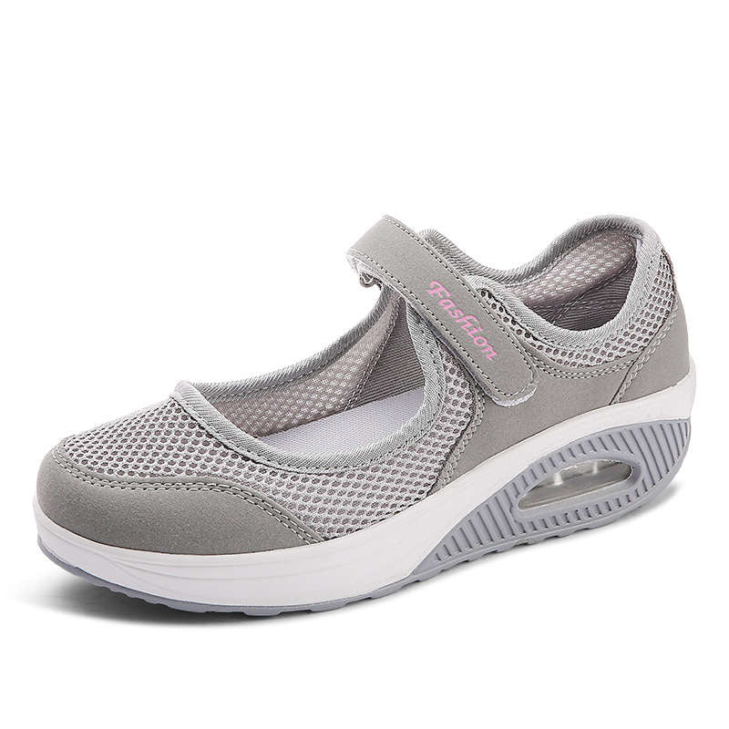 Women Casual Air Cushion Sneakers Velcro Mary Jane Shoes-Gray