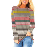 Womens Colorblock Striped Crewneck Loose Top Long Sleeve-Pink