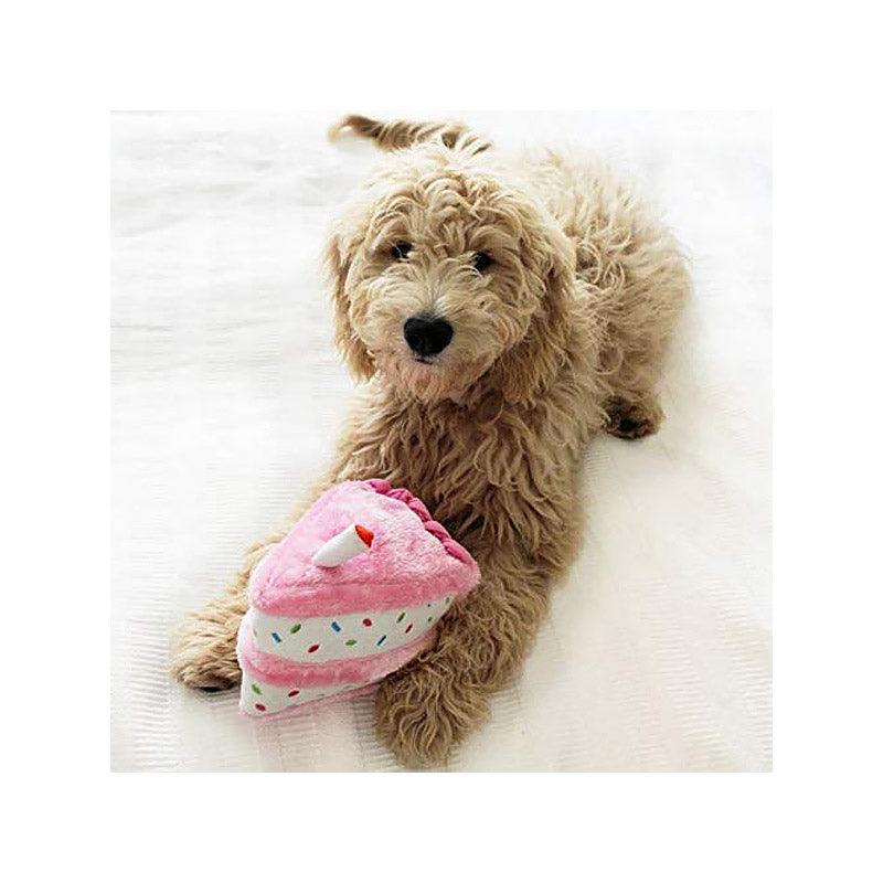 Pet Plush Doll Birthday Triangle Cake Squeaky Dog Toy-Pink