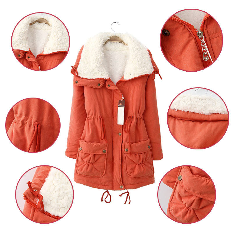 Women's Mid Length Winter Coat Thickened Warm Lamb Wool Lined Jacket-Red