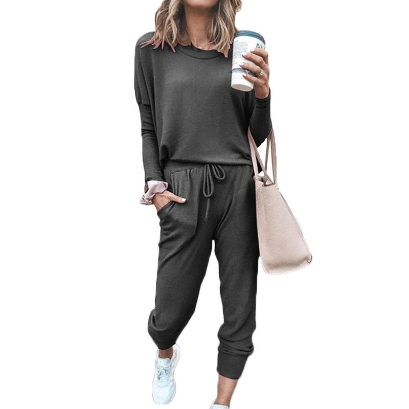 Women Loose Solid Color Long Sleeve Top Casual Drawstring Pants with Pockets-DarkGray