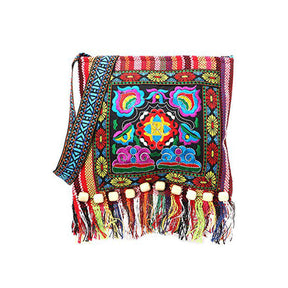 Vintage Embroidered Fringe Sling Crossbody Bag Boho Shoulder Bag-Red Camellia