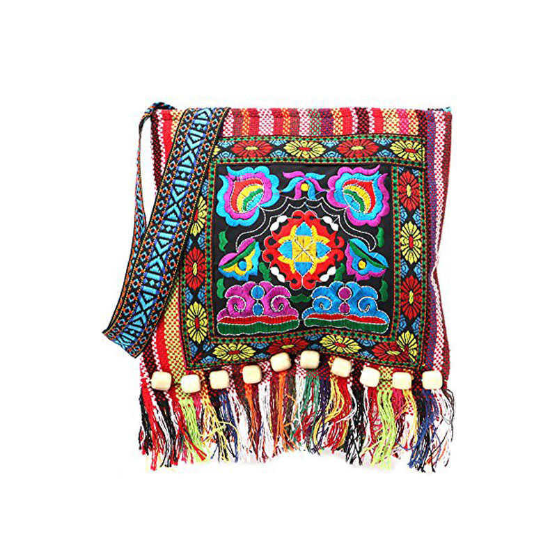 Vintage Embroidered Fringe Sling Crossbody Bag Boho Shoulder Bag-Red Camellia