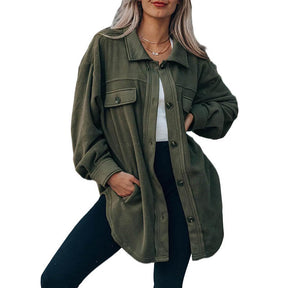 Lookbook Womens Fleece Long Sleeved Shirt Casual Boyfriend Blouse Top-Military Green