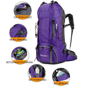 60L Waterproof Lightweight Hiking Backpack with Rain Cover for Climbing Camping-Purple