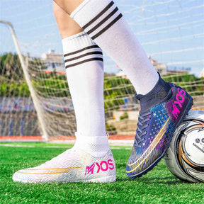 Hightop Soccer Boots Spikes Shoes Unisex Outdoor Indoor Sneaker-2White Black