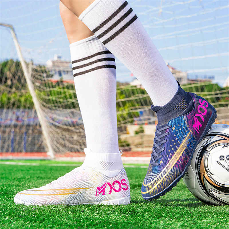 Hightop Soccer Boots Spikes Shoes Unisex Outdoor Indoor Sneaker-2White Black