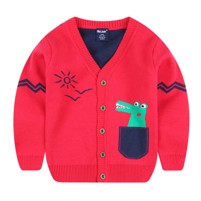 Toddler Boys Long Sleeve Knitted Sweatshirts Cartoon Dinosaur V-Neck Cardigan Sweaters-Red