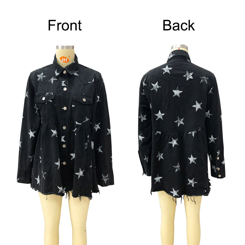 Star Print Jacket for Women Frayed Hem Distressed Denim Coat-Black