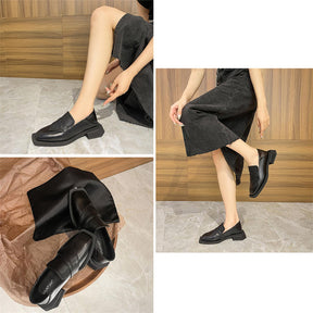 Womens Loafer Square Toe Chunky Heel Fashion Slip on Shoes-Black