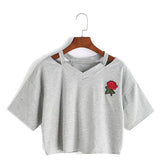 Fashion Embroidery Teen Girls Rose Crop Top Short Sleeve T-Shirt-Gray
