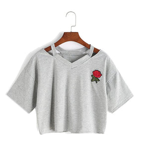 Fashion Embroidery Teen Girls Rose Crop Top Short Sleeve T-Shirt-Gray