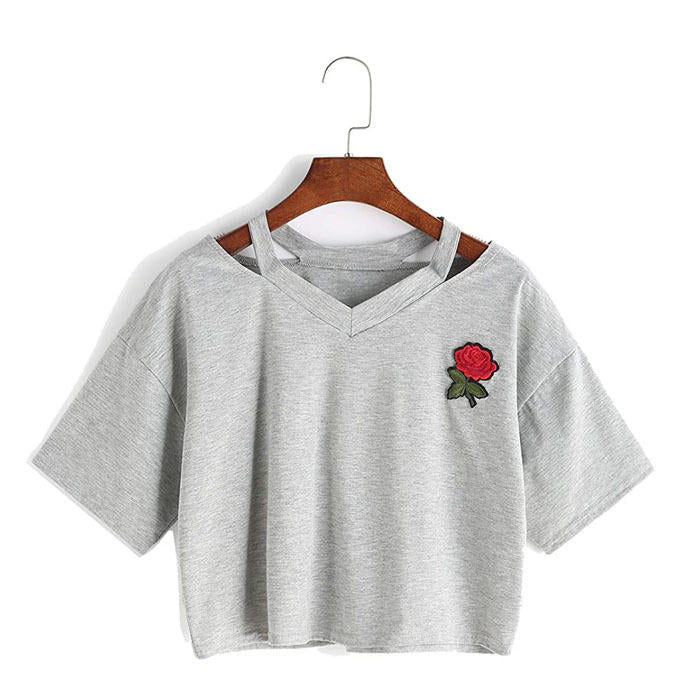 Fashion Embroidery Teen Girls Rose Crop Top Short Sleeve T-Shirt-Gray