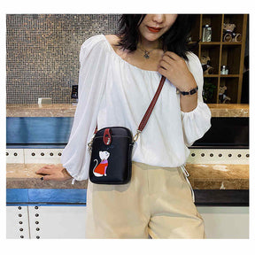 Women PU Crossbody Bag Cute Mobile Wallet-Black