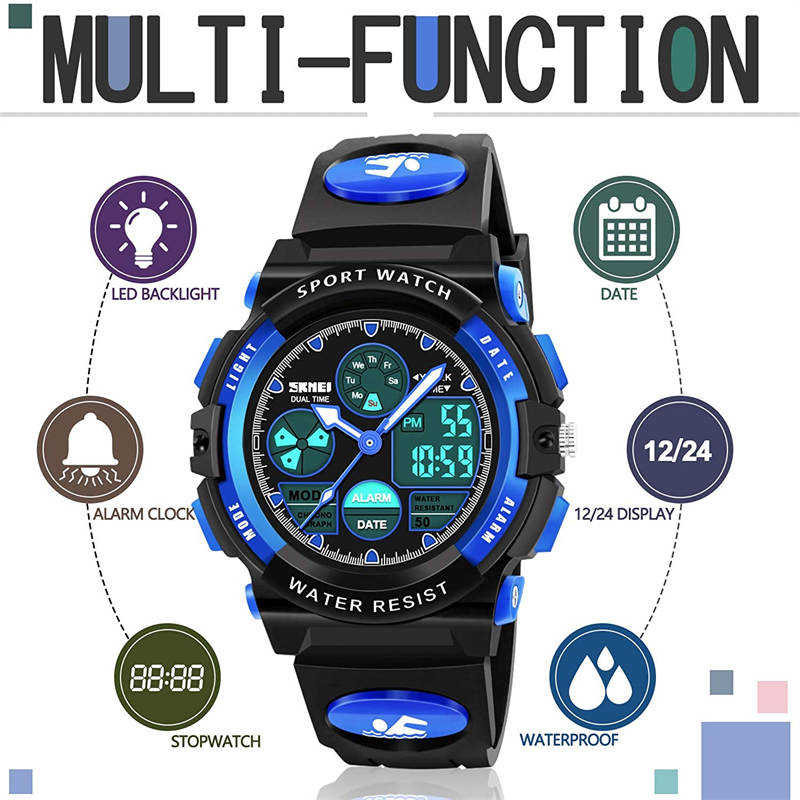 LED Multi Function Sports Waterproof Watch for Kids-Blue