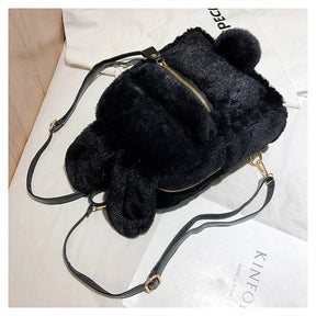 Women Cute Rabbit Ears Backpack Fluffy School Bag Satchel-Black