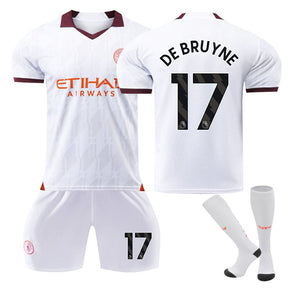 Manchester City Away Jersey DE BRUYNE #17 Soccer Jersey Kids Adult 3Pcs Jersey Kits-White