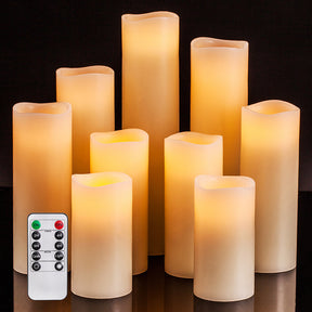 Flameless Candles Battery Operated Candles 4inch 5inch 6inch 7inch 8inch 9inch Set of 9 Ivory Real Wax Pillar LED Candles with 10-Key Remote