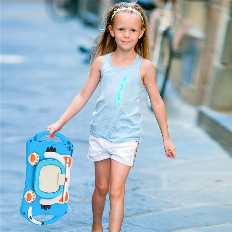 CatB Silicone Case For iPad 10.2 Air10.5 Pro10.5 Shockproof Shoulder Strap Handle Stand-Light Blue