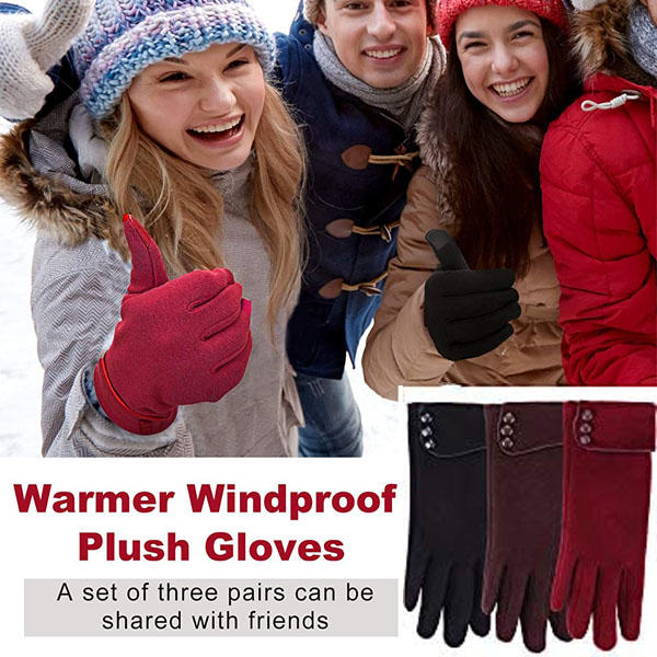3 Pairs Women Winter Gloves Warm Touchscreen Windproof Gloves-BlackWine RedBrown