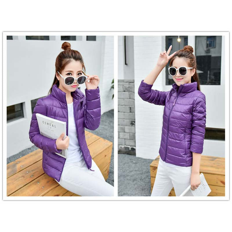 Lookbook Womens Lightweight Puffer Jacket Winter Stand Collar Short Coat-Purple
