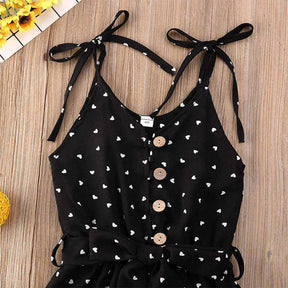 Baby Girl Clothes Self Tie Sleeveless Romper Heart Shape Print Jumpsuit-Black