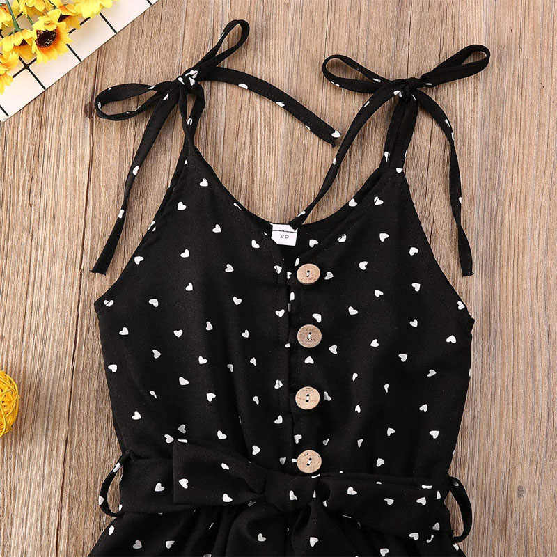 Baby Girl Clothes Self Tie Sleeveless Romper Heart Shape Print Jumpsuit-Black