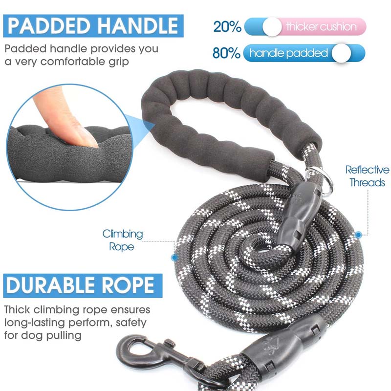 Strong Dog Leash with Comfortable Padded Handle and Highly Reflective Threads-Black