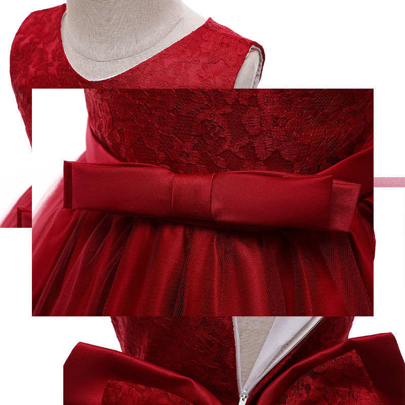 2-6T Little Girl Bowknot Lace Dress Party Wedding Dresses with Headwear-WineRed