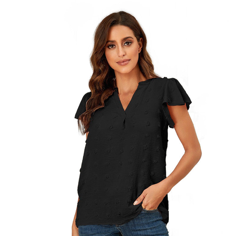 Womens Ruffle Shirts V Neck Short Sleeve Pom Chiffon Blouses Tops-Black