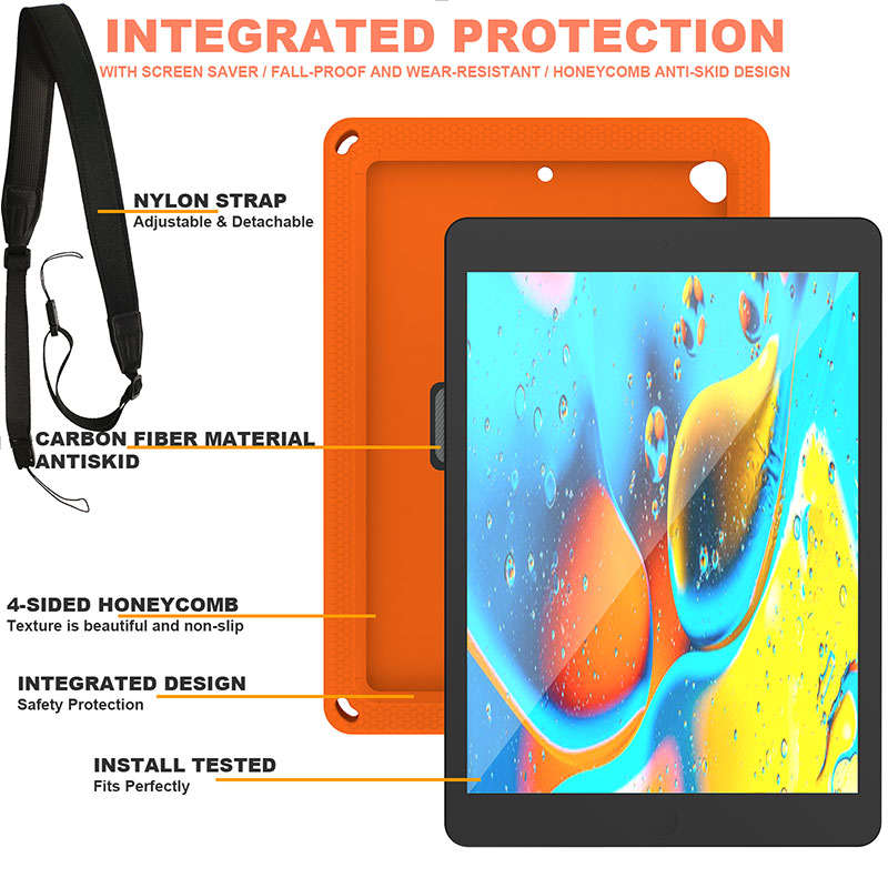 iPad Case With Handle Stand Shoulder Strap for iPad7/iPad8/iPad9 10.2/iPad10.5-OrangeBlack